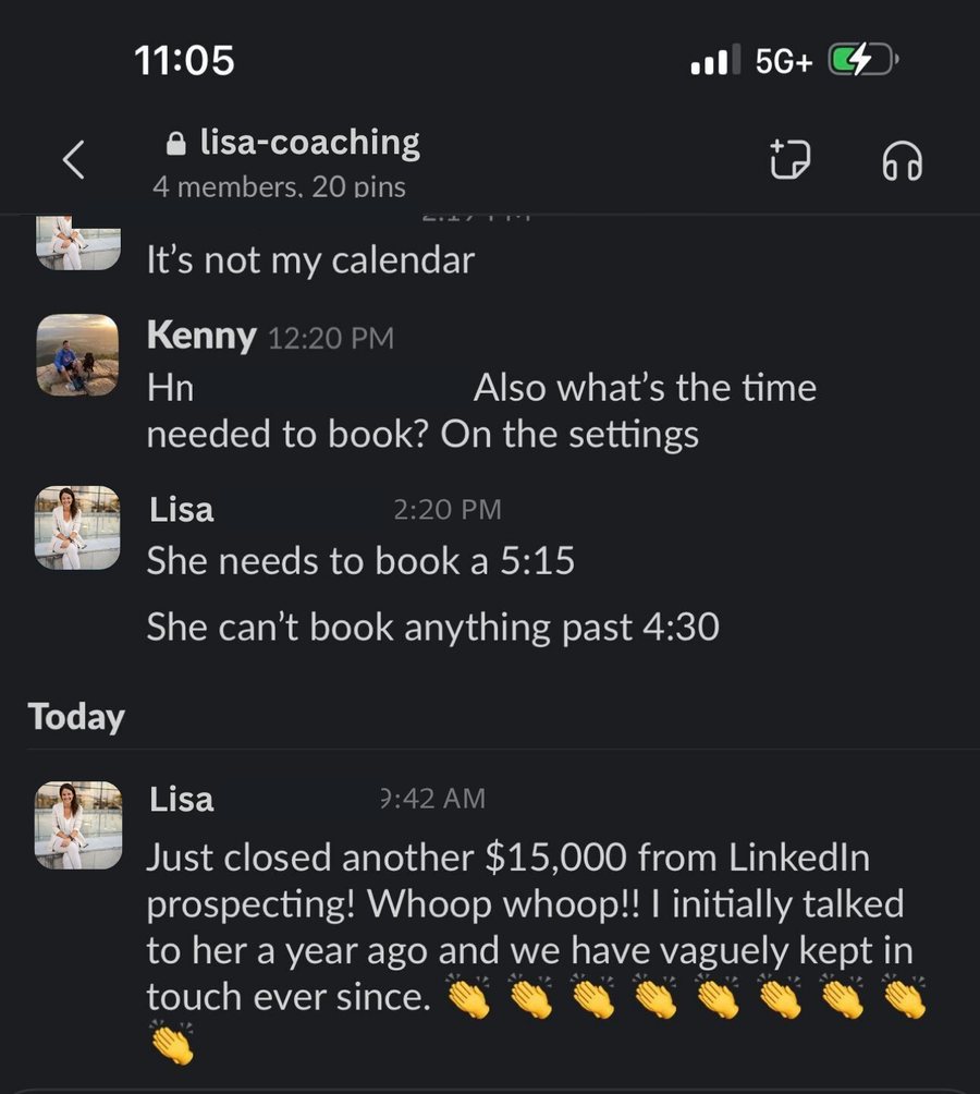 Slack message from a coaching client reporting another 15,000 dollar close from LinkedIn prospecting
