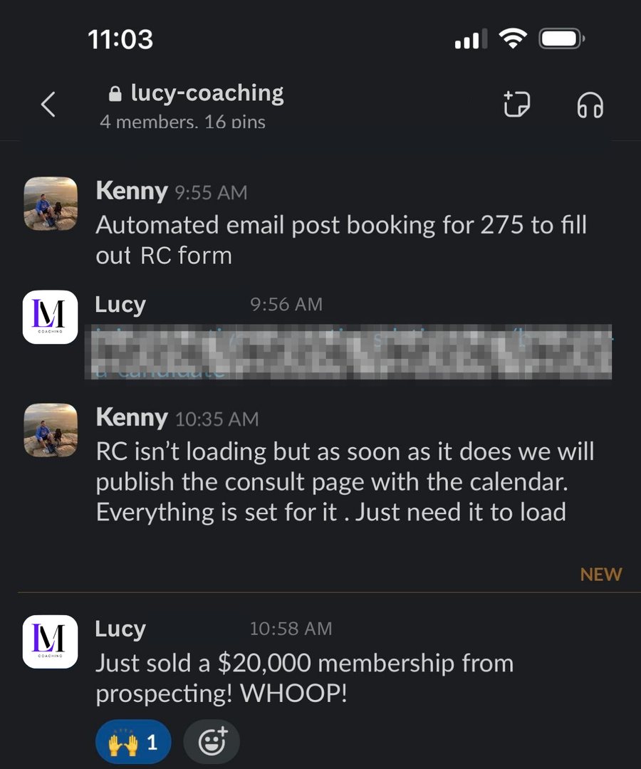 Slack message from a coaching client reporting a 20,000 dollar membership sold from prospecting
