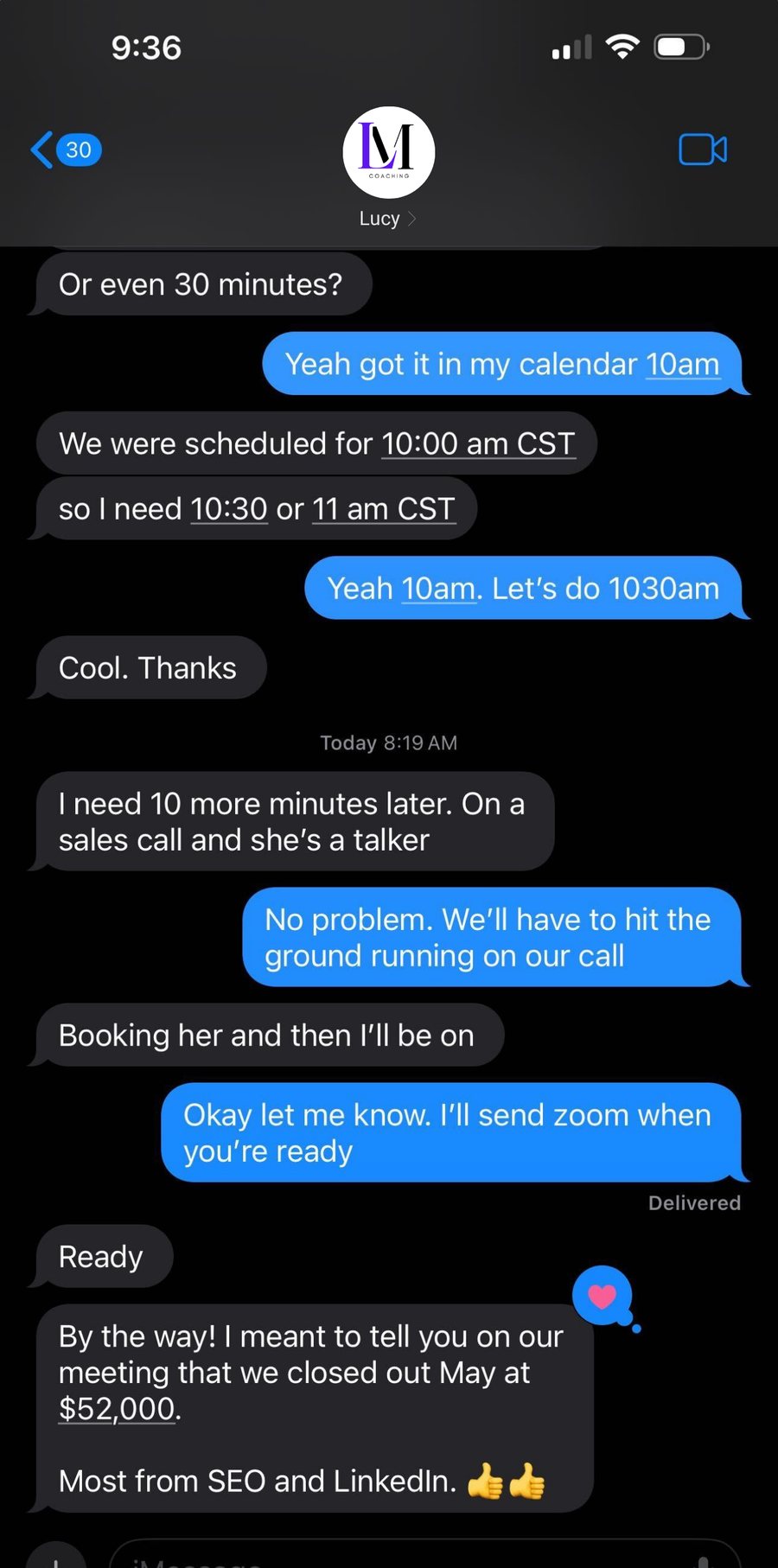 Text message from a coaching client reporting a 52,000 dollar May, most from SEO and LinkedIn