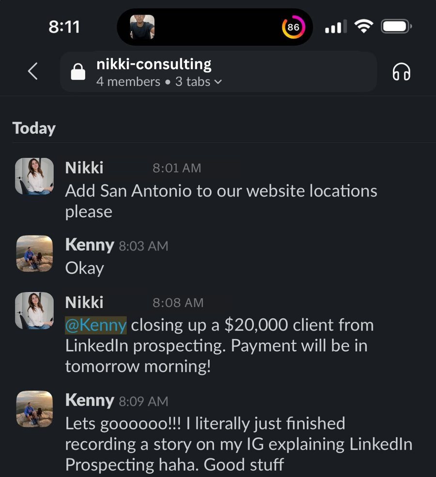 Slack message from a consulting client closing a 20,000 dollar client from LinkedIn prospecting